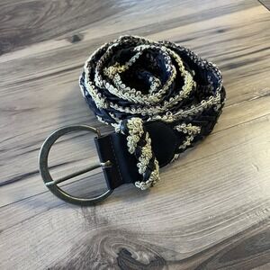 Per Una Womens Leather Belt Black Gold Woven Crochet Sz M Made In Turkey Boho